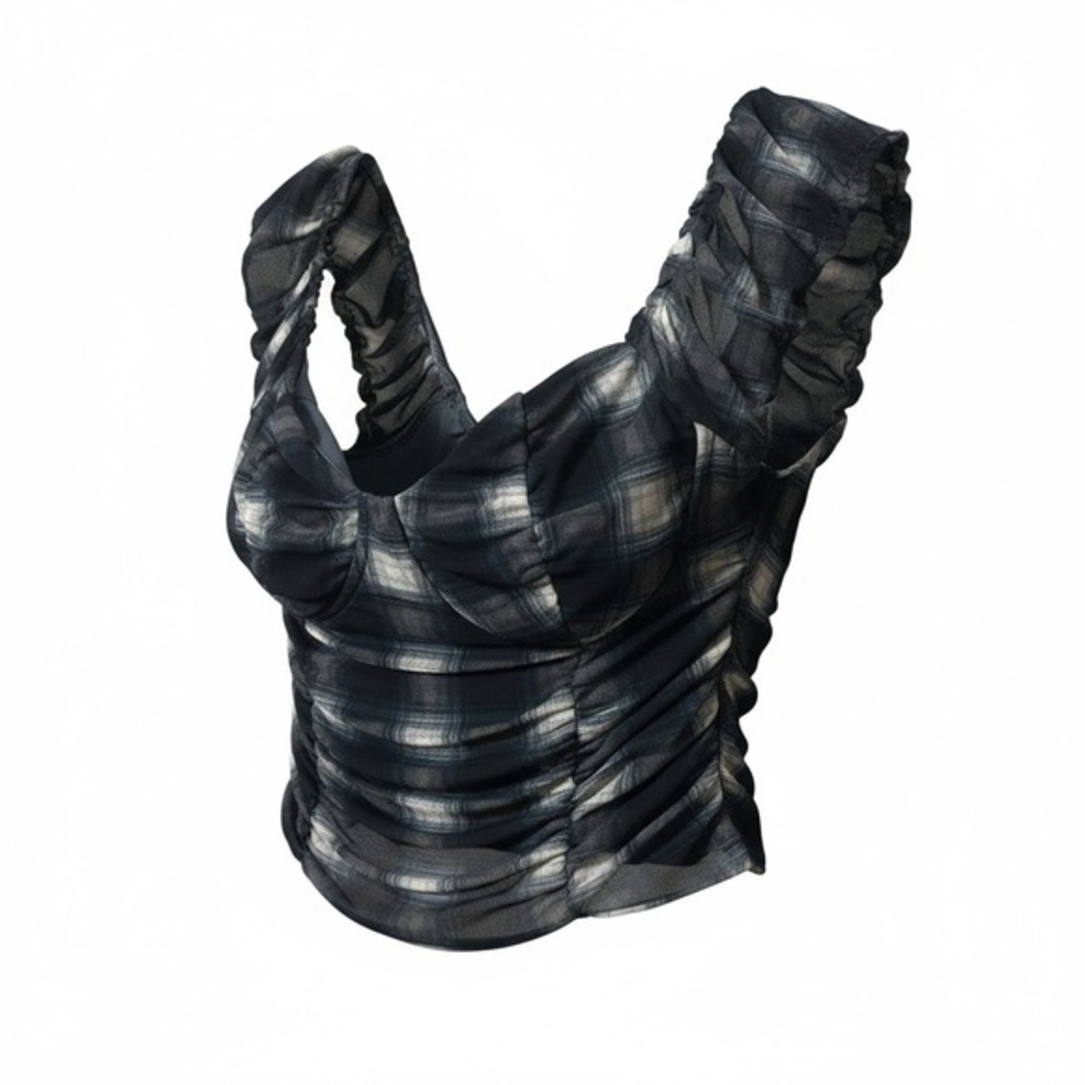 Just Polly Blue Plaid Ruched Sleeveless Top | Women’s Medium | Stretchy Fitted